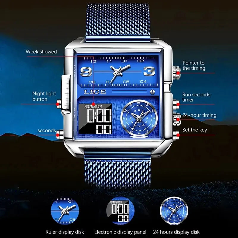 LIGE Digital Watch Sports Double Display Big Fashion Waterproof Electronic cool Relogio Masculino