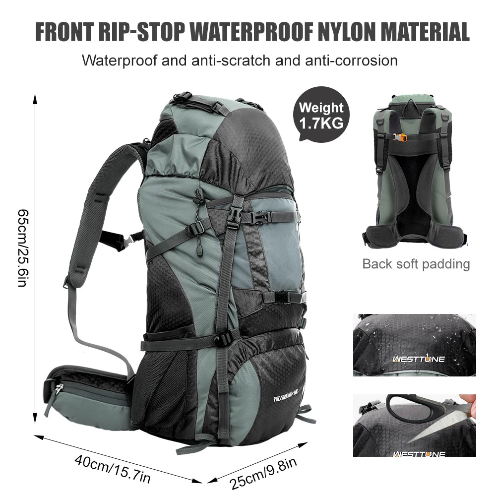 60L Explorer Internal Frame Backpack, Rain Cover Outdoor for Hiking Camping Backpacking Travel