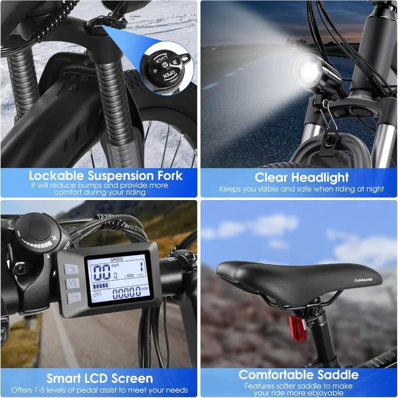 E-Bike for Adults, 26'' 1000W Peak Ebike, 48V 374.4WH Removable Battery, Adjustable Stem, Fenders