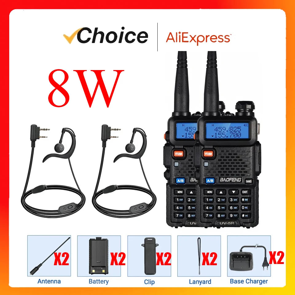 2pcs BAOFENG UV-5R 5W 8W High Power Dual Band Two Way Radio Long Range Handheld Talkies For Hunting