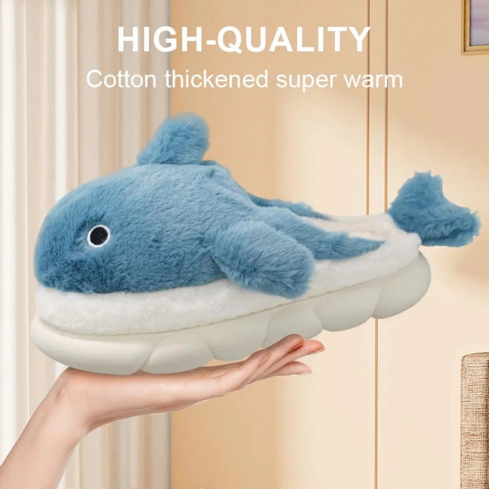 Soft Plush Sharky Slides For Wome&Men,Whale Shark Anti-Skid Winter Cute Couple House Slippers