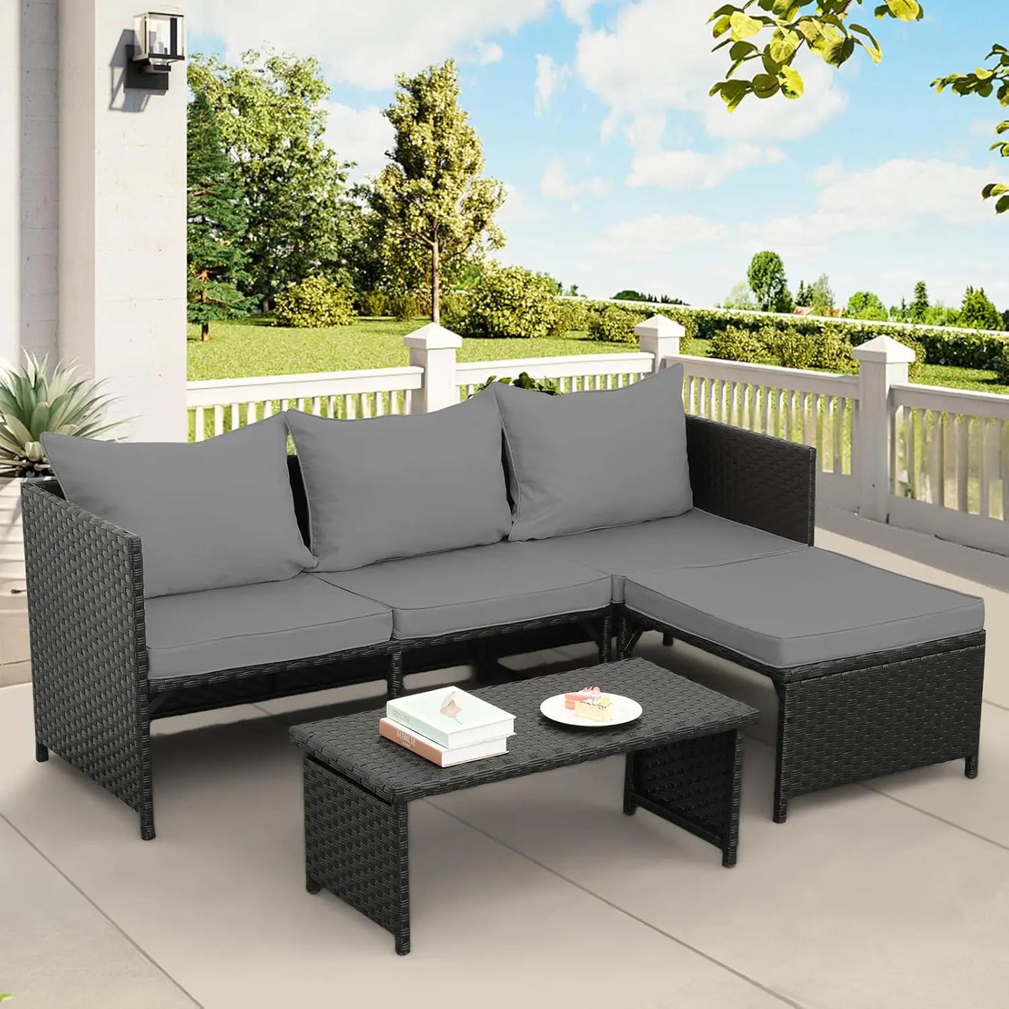 3-Piece Outdoor PE Rattan Furniture Set Black Wicker Loveseat Sofa Sectional Couch Khaki Cushions