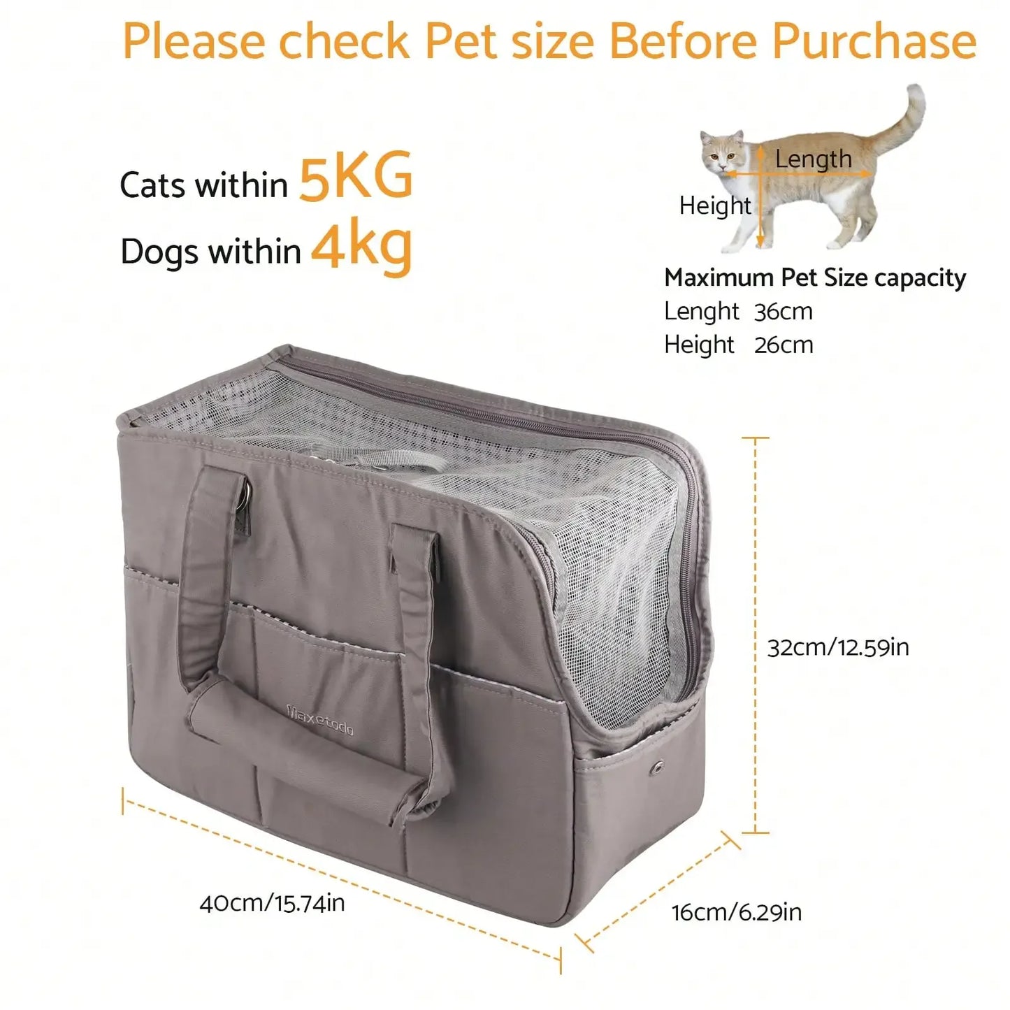 Womens Pet Carrying Handbag Dark Gray Small Dogs Cat Dogs(8lb) Cats(11lb)