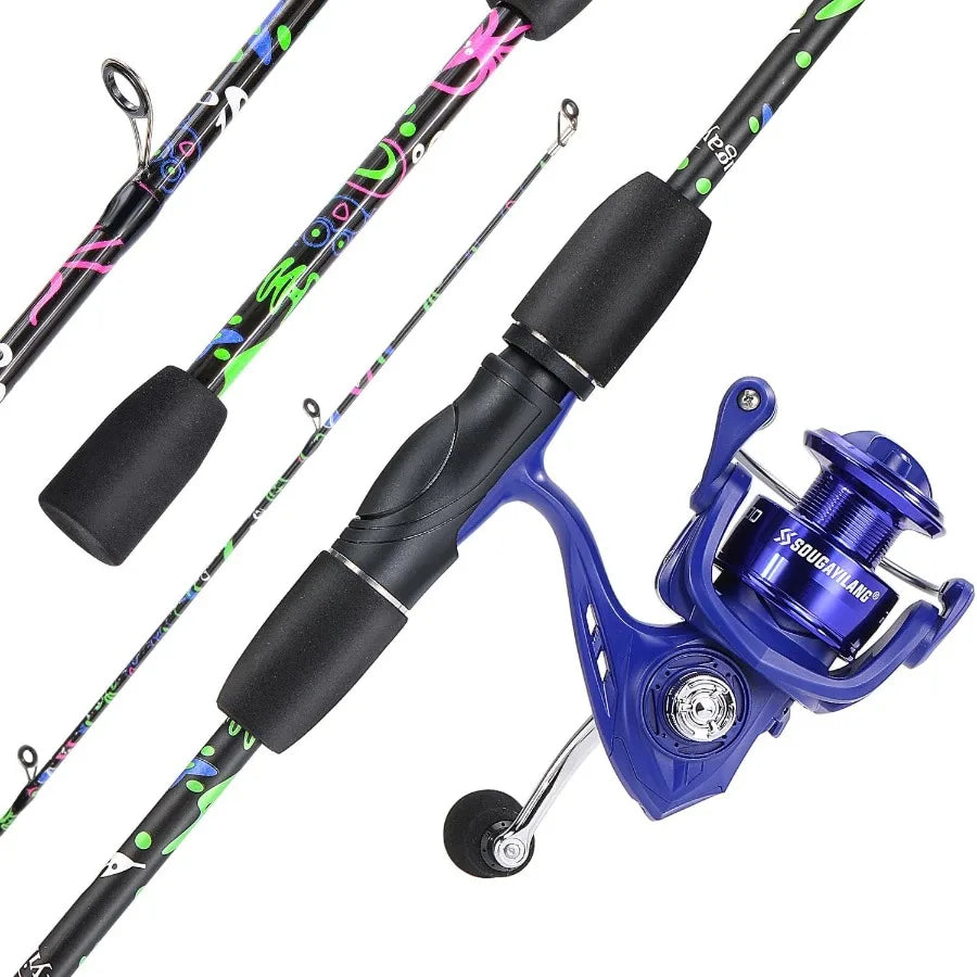 2Piece 6Ft Graphite/Fiberglass Fishing Rod Combo, AntiReverse Spinning Reel, Fresh/Saltwater Angling