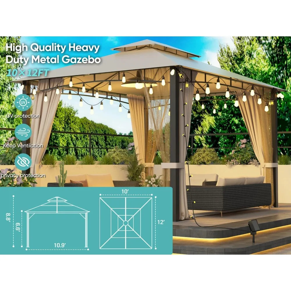 Patio Gazebo 10x12, Heavy Duty Soft Top Gazebos, Double Roofs, Anti-UV Privacy Curtains & Netting