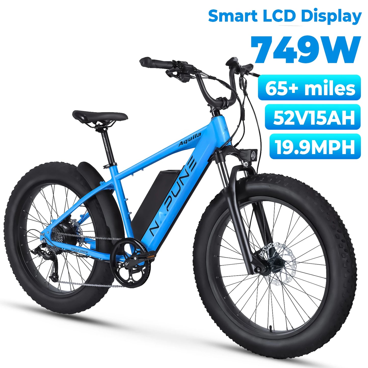 750W off-road E-bike 52V 17Ah 26 inch 4.0 fat tire, USB port, Bluetooth APP LCD screen 9-speed