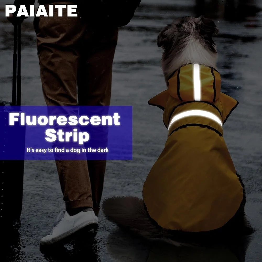 Dog Raincoat Waterproof Hooded, Reflective Stripes Leash Hole Adjustable Fit Lightweight Durable