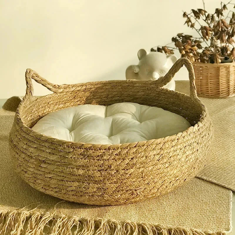 Pure hand-woven rattan cat nest four seasons universal warm pad removable washable winter pet