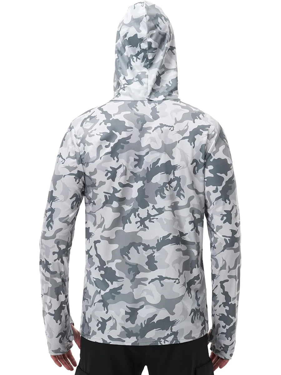 Men s Fishing Shirt Camo Print Hoodie, Built-in Face Mask Sun Protection, Hiking and Running