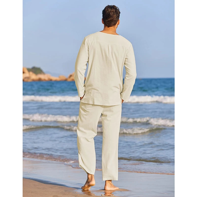 Cotton Linen Solid Color Long Sleeve Henley Shirt Elastic Waist Drawstring 2 Pieces Loungewear Set