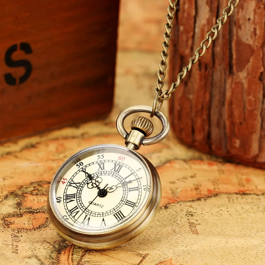 Minimalist Steampunk Vintage Fashion Quartz Pocket Watch, Roman Numerals Antique Chain Pendant,Gifts