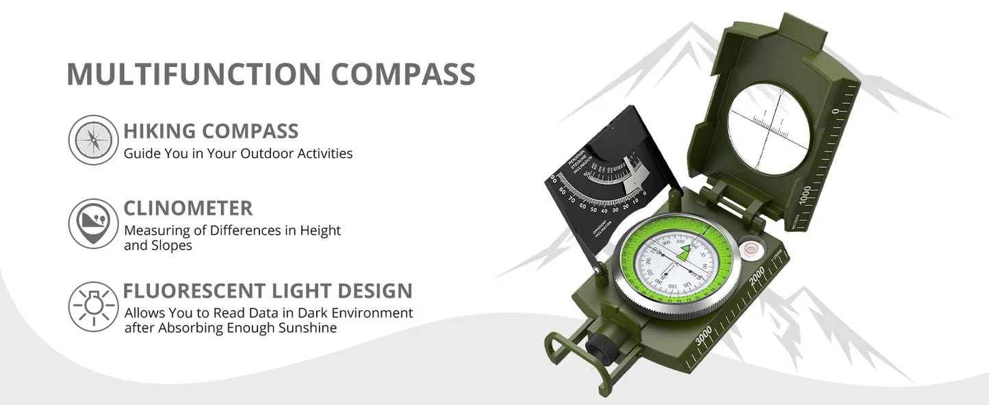 Professional Lensatic Compass Metal Waterproof IP65  Sighting Clinometer, Carry Bag