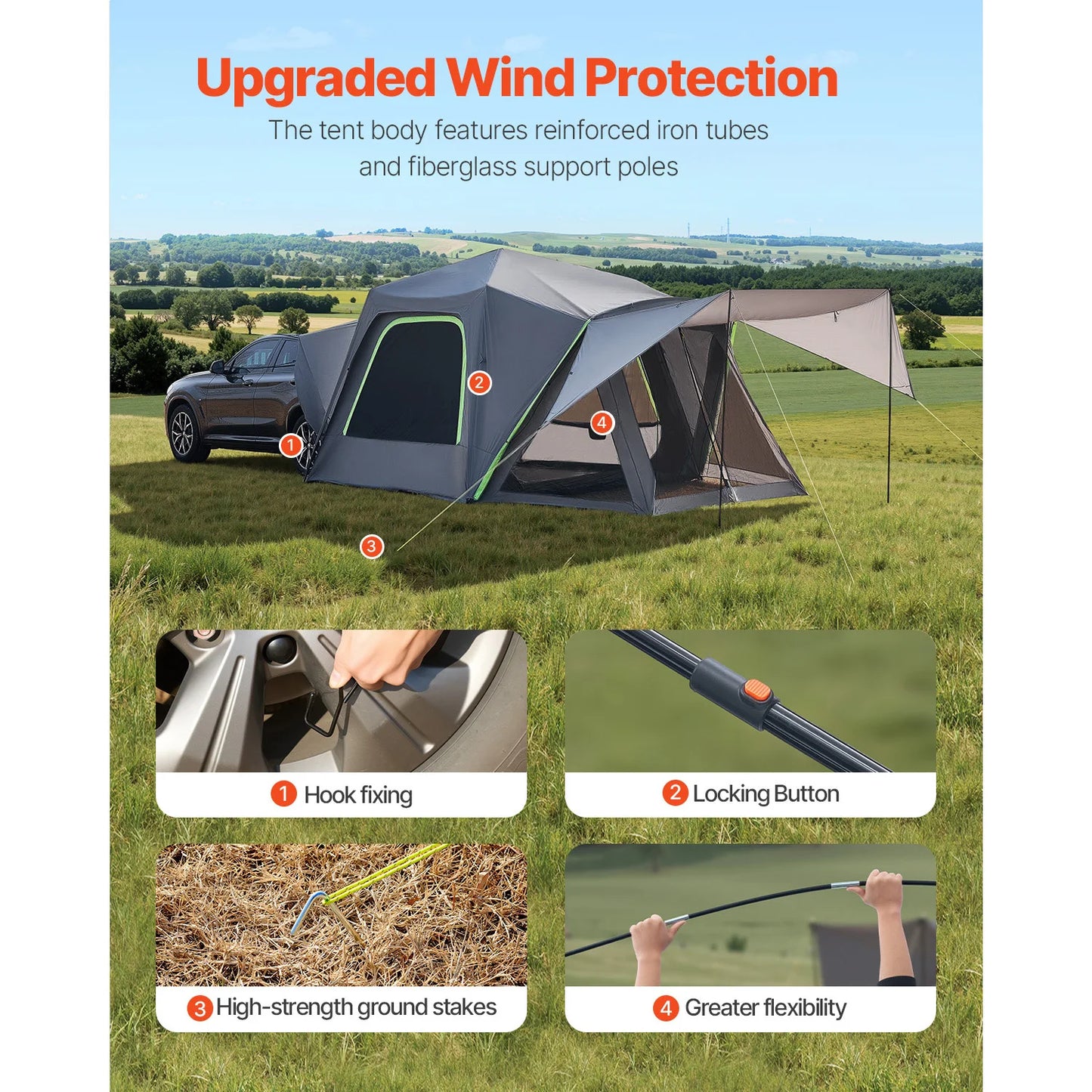 SUV Tent, Camping Waterproof PU2000mm Spacious Double Layer Design , Shade Awning , Mesh Windows
