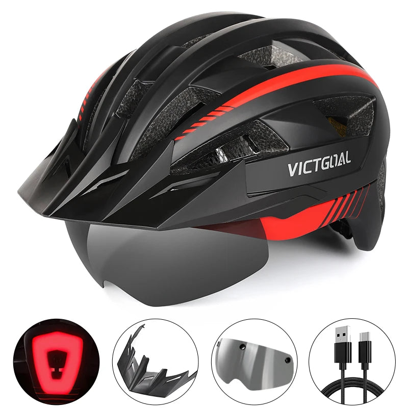 Safety Helmet,Men Women Visor Goggles LED Rear Light,Mountain,Bicycle Racing Cycling Helmets