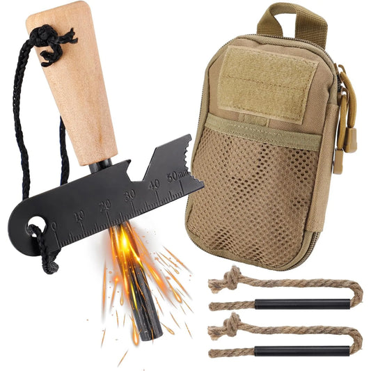 Fire Starter Survival Tool, Fire Starter Kit Includes Magnesium Rod, 2 Pcs Wick Hemp Rope, Bag