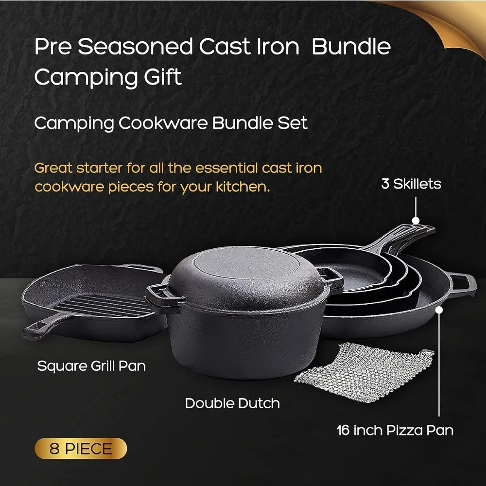 8 piece cast iron camping cookware - durable POTS covers, cooking -home or camping