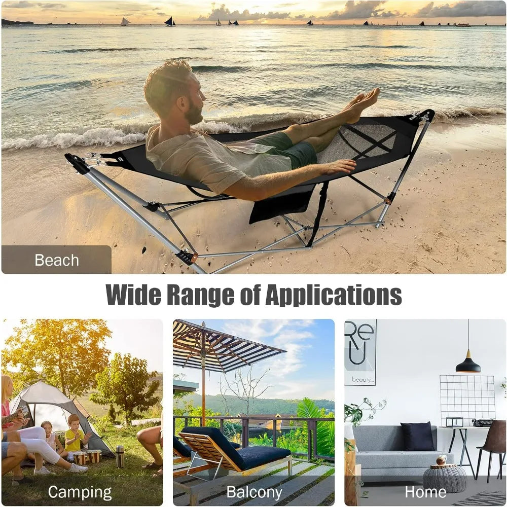 Portable Folding Lounge Camping Hammock w/Stand, Indoor & Outdoor w/Side Pocket, Anti-tip Buckles