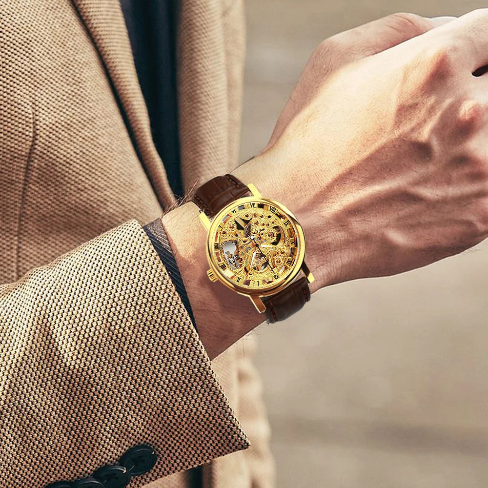 WINNER Classic Skeleton Mechanical Watch Luminous Hands Leather Strap Top Brand Luxury Wristwatch