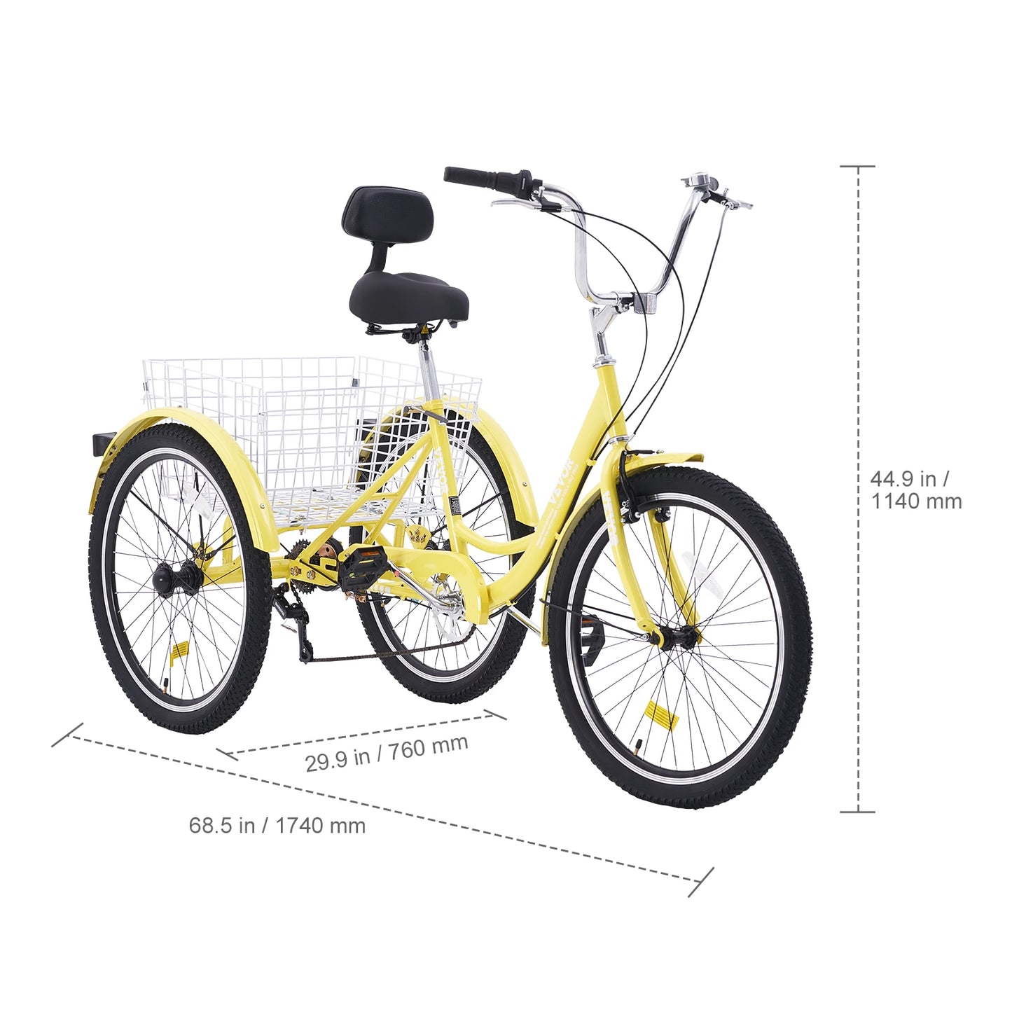 24 In 7 Speed Adult Tricycles 3-Wheeled, Carbon Steel Cruiser with Basket and Adjustable Seat
