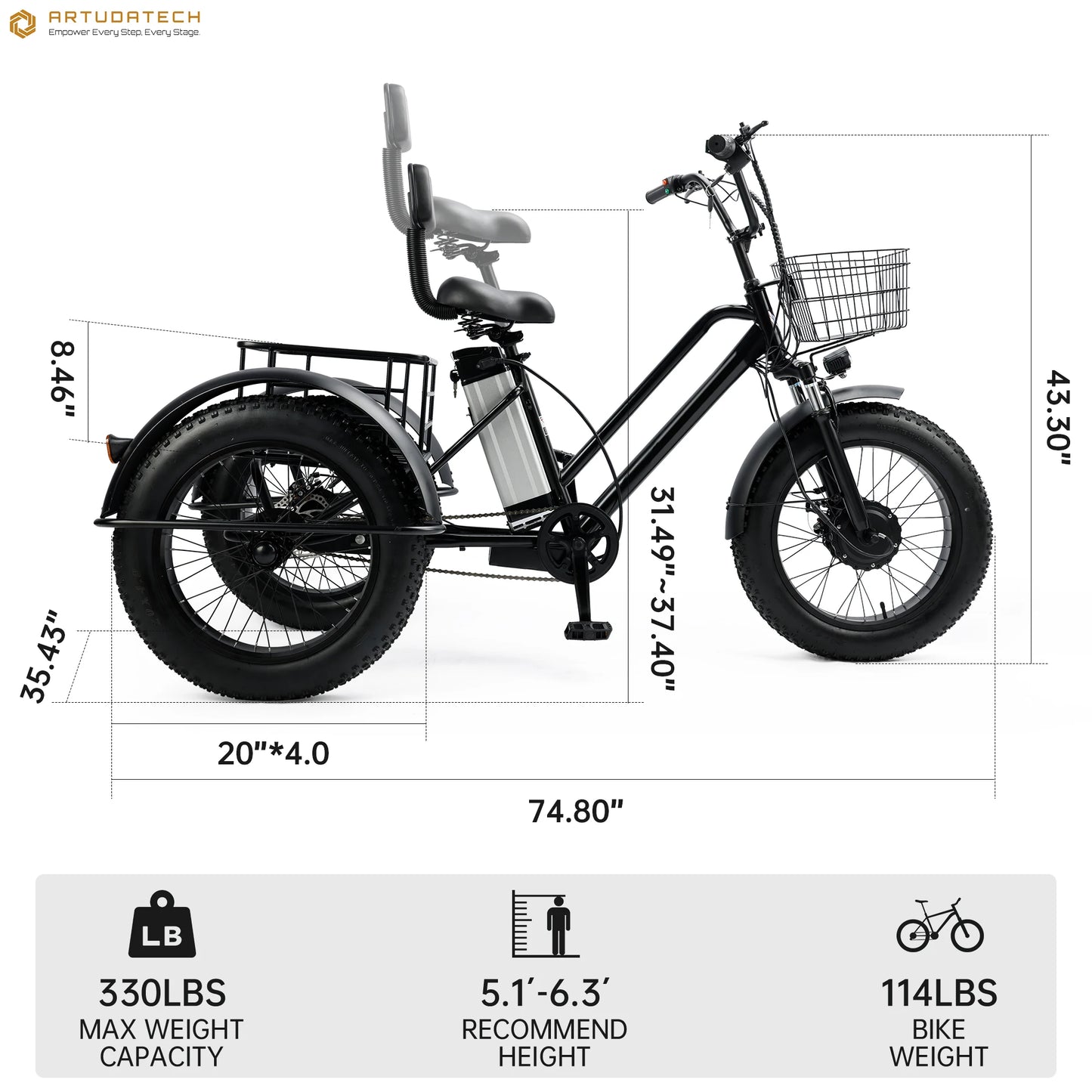 Artudatech 500W 48V 13A Electric Snow Tricycle 3 wheel e-bike 4.0 Fat Tire Tricycle