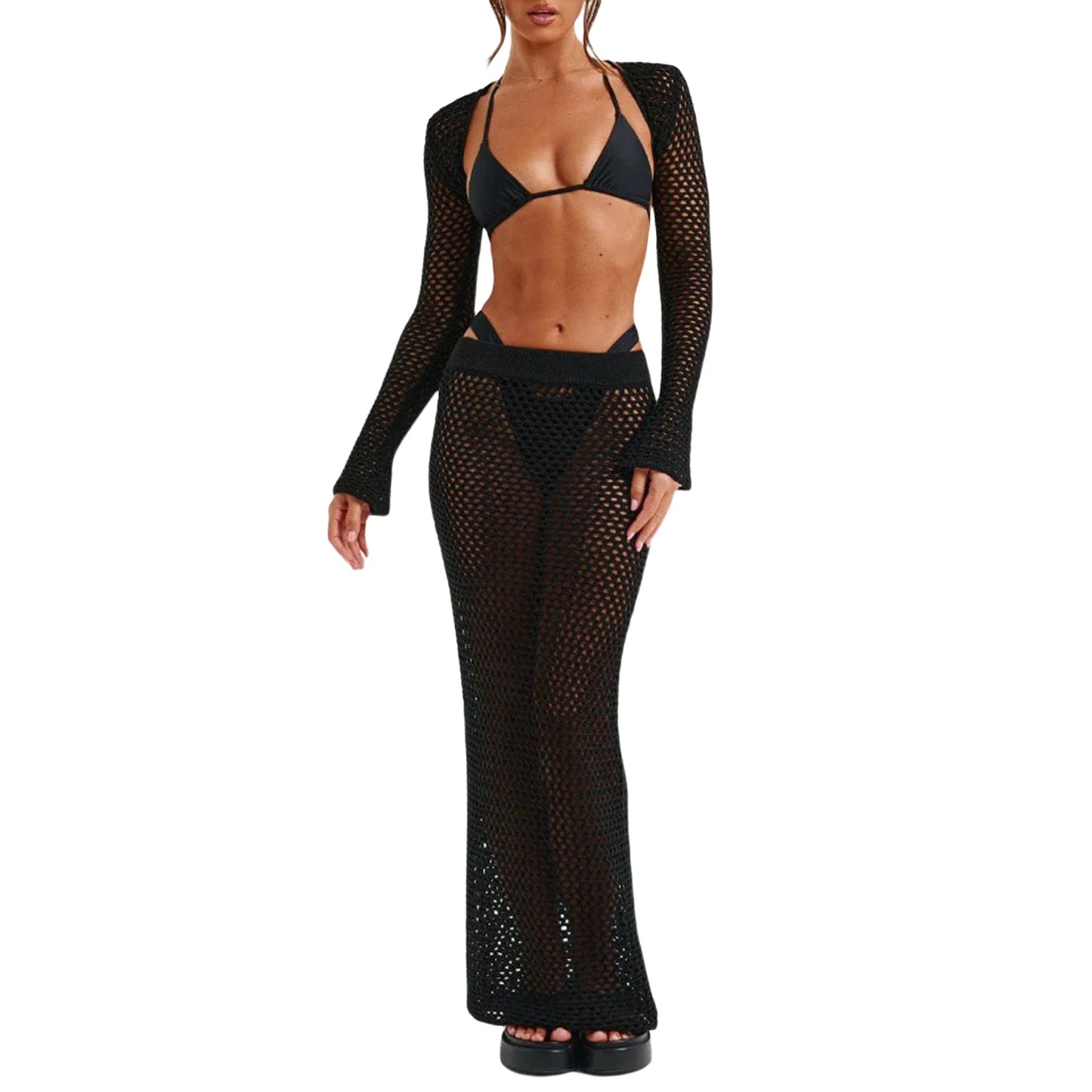 Women s 2 Piece Swimsuit Set Long Sleeve Shrug Tops Elastic Waist Beach Cover Up Skirt Outfits r