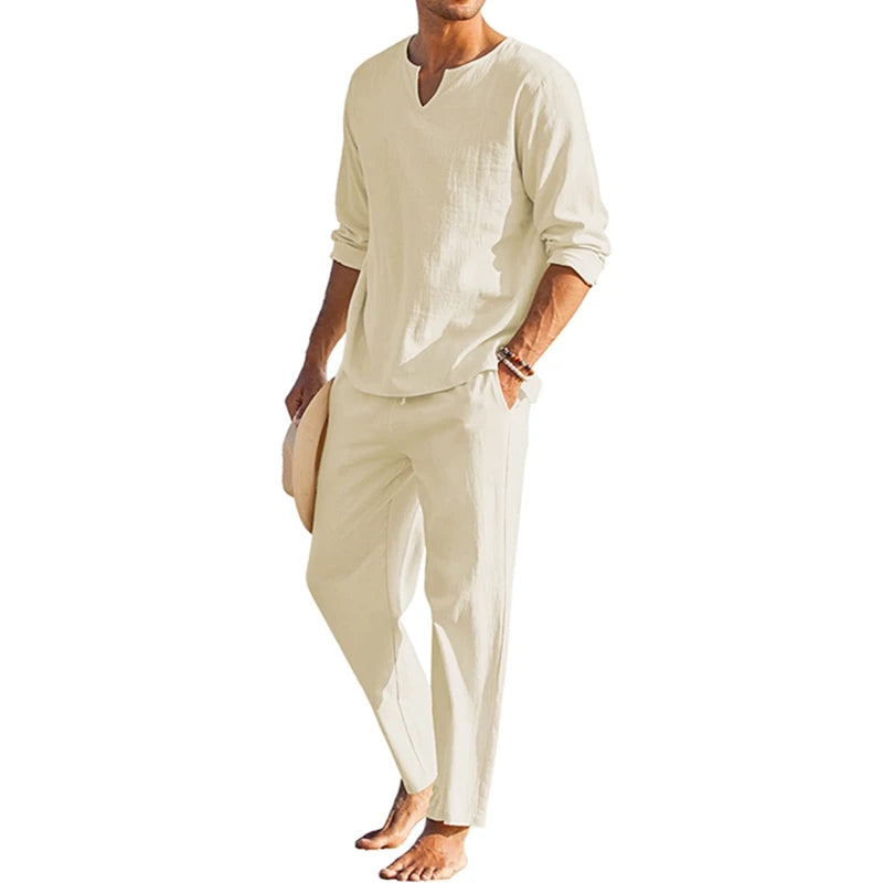 Cotton Linen Solid Color Long Sleeve Henley Shirt Elastic Waist Drawstring 2 Pieces Loungewear Set