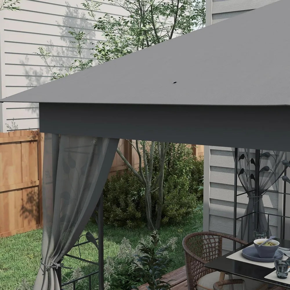 10' x 10' Metal Patio Gazebo, Double Roof Outdoor Canopy Shelter with Tree Motifs Corners,Netting,