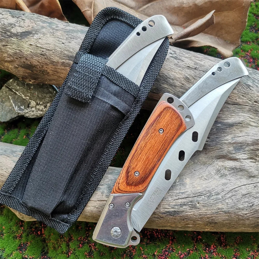 Heavy-Duty 8CR15MOV Folding Knife, Wood Handle: Tactical Tool, Outdoor Hunting, Camping & EDC