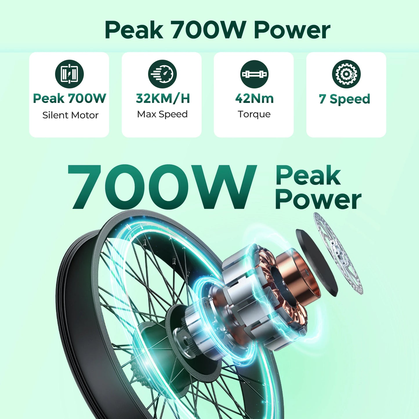 MileCity 1 26'' Commuter Electric Bicycle 700W Peak Motor 7 Speed Electric Bike , Gray