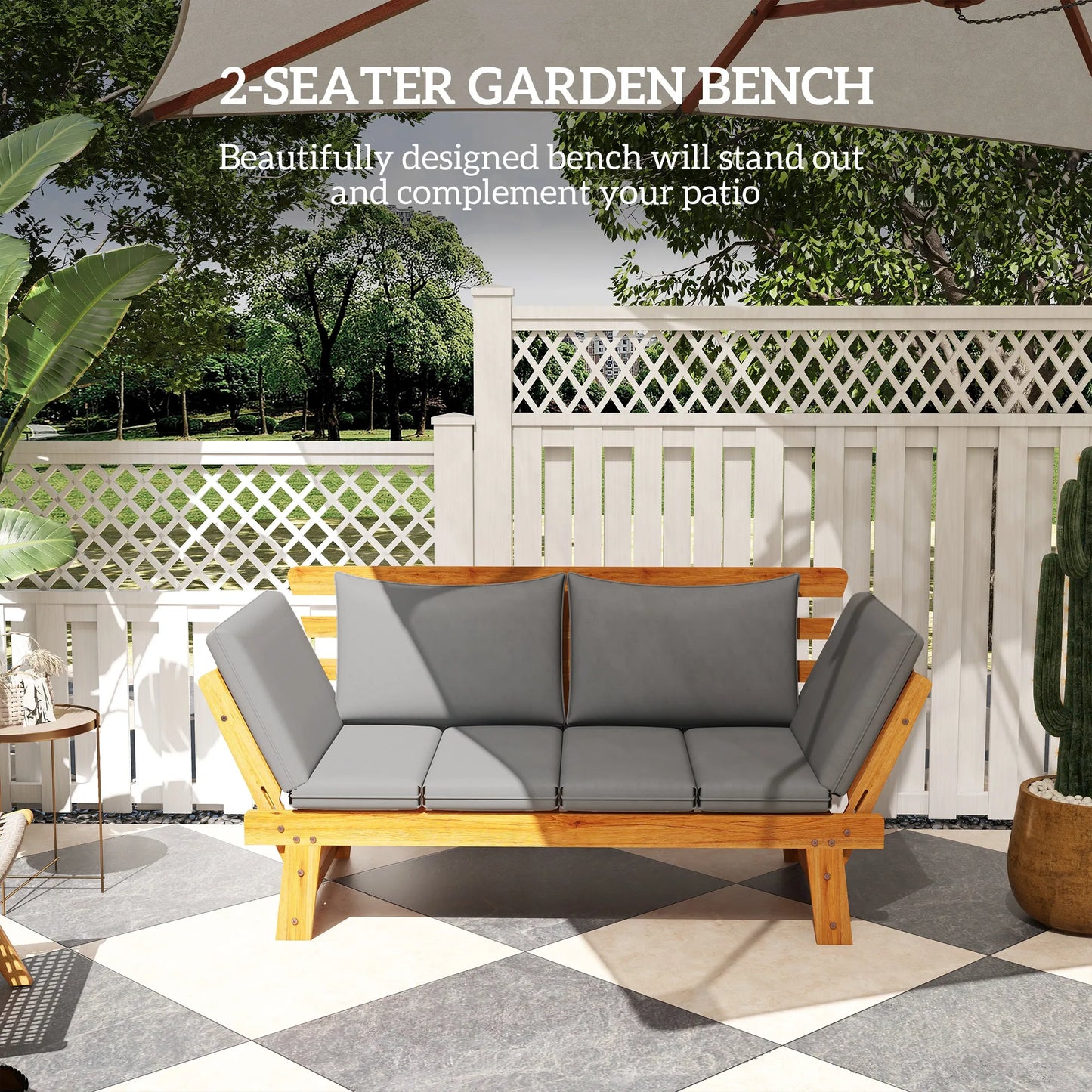 Outsunny Wooden Garden Bench for Outdoor w/ Cushions, Patio Loveseat, Gray