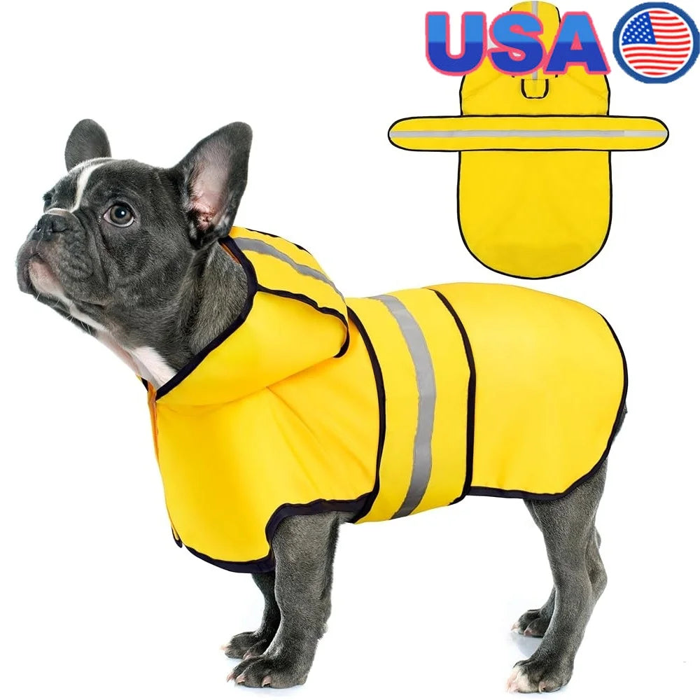 Dog Raincoat Waterproof Hooded, Reflective Stripes Leash Hole Adjustable Fit Lightweight Durable
