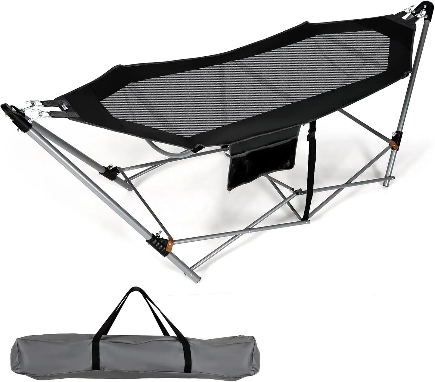Portable Folding Lounge Camping Hammock w/Stand, Indoor & Outdoor w/Side Pocket, Anti-tip Buckles