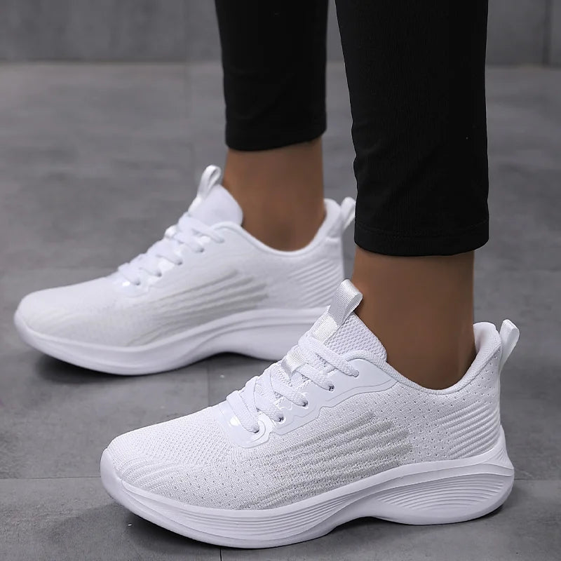 Women Lightweight Sneakers, Running Sport, Female Mesh Breathable,Train, White Flat Walking Shoes