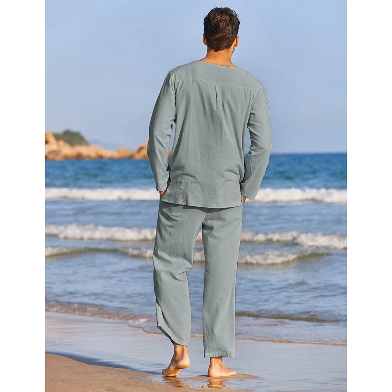 Cotton Linen Solid Color Long Sleeve Henley Shirt Elastic Waist Drawstring 2 Pieces Loungewear Set