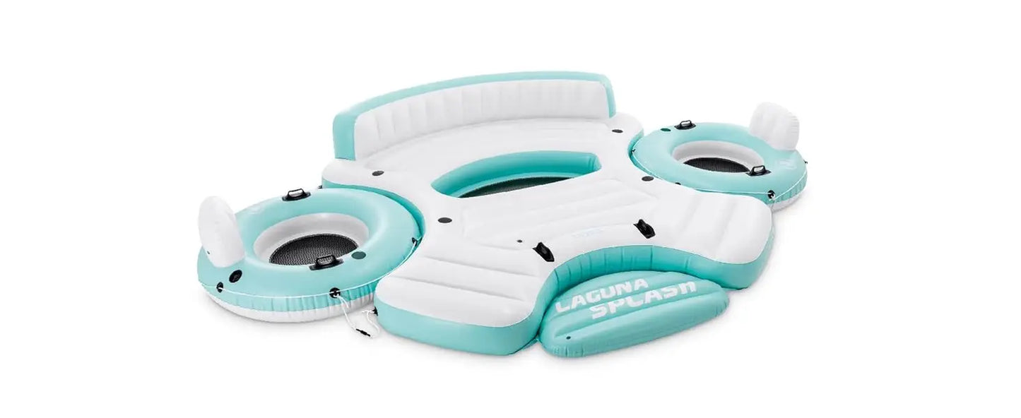 Laguna Splash Island Floating Water Raft, 2 Detachable Solo Lounge Tubes, Built-in Cupholders, Blue