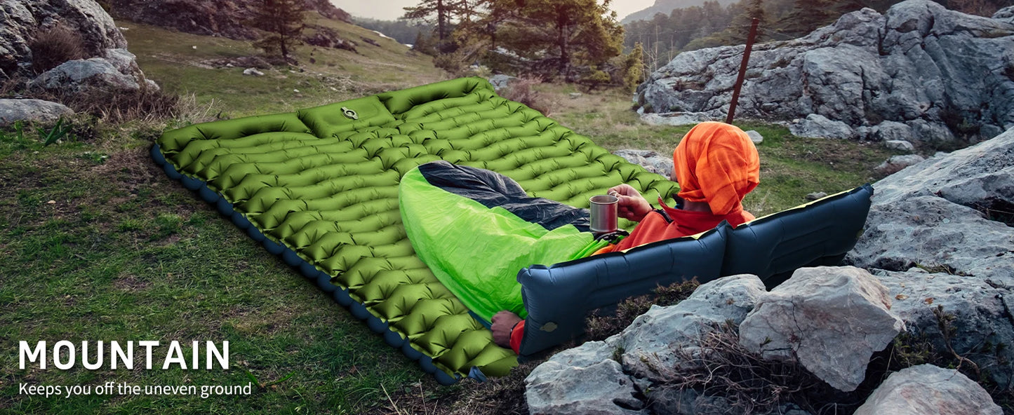 Double Sleeping Pad 4" Thick for 2 Person, Pillow Built-in Foot Pump Inflatable Backpacking Hiking