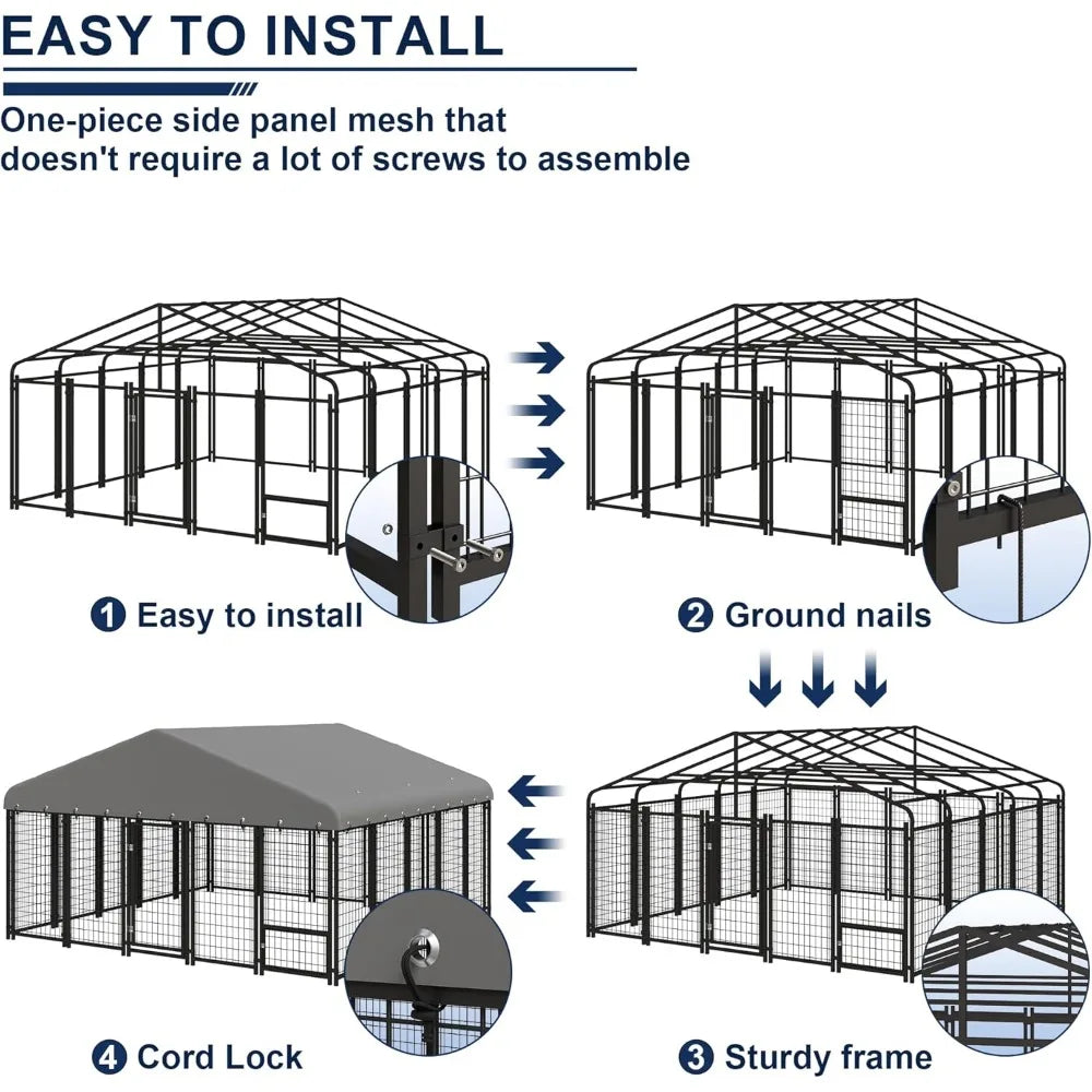 Dog Kennel 10X10FT Outside Heavy-Duty Outdoor Dog, Roof, Lock - Spacious, 4 Pets with Feeding