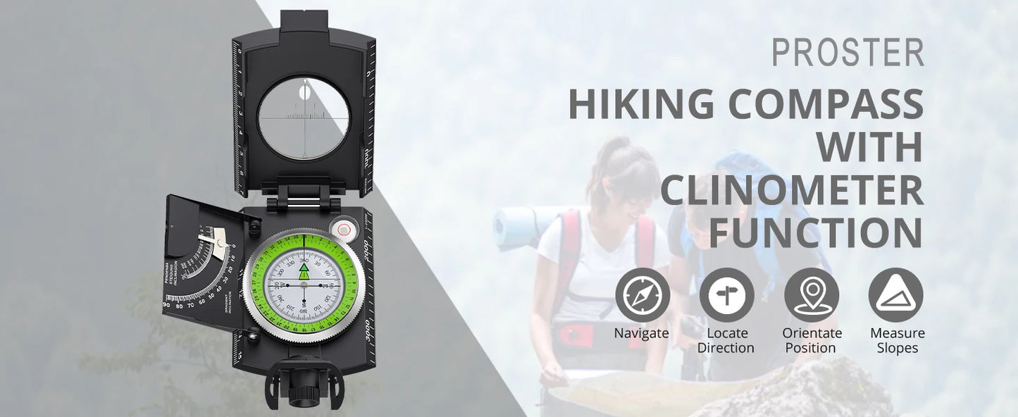 Waterproof Compass Hiking, Fluorescent Scale, Compass Navigation,Clinometer & Carry Bag Militar