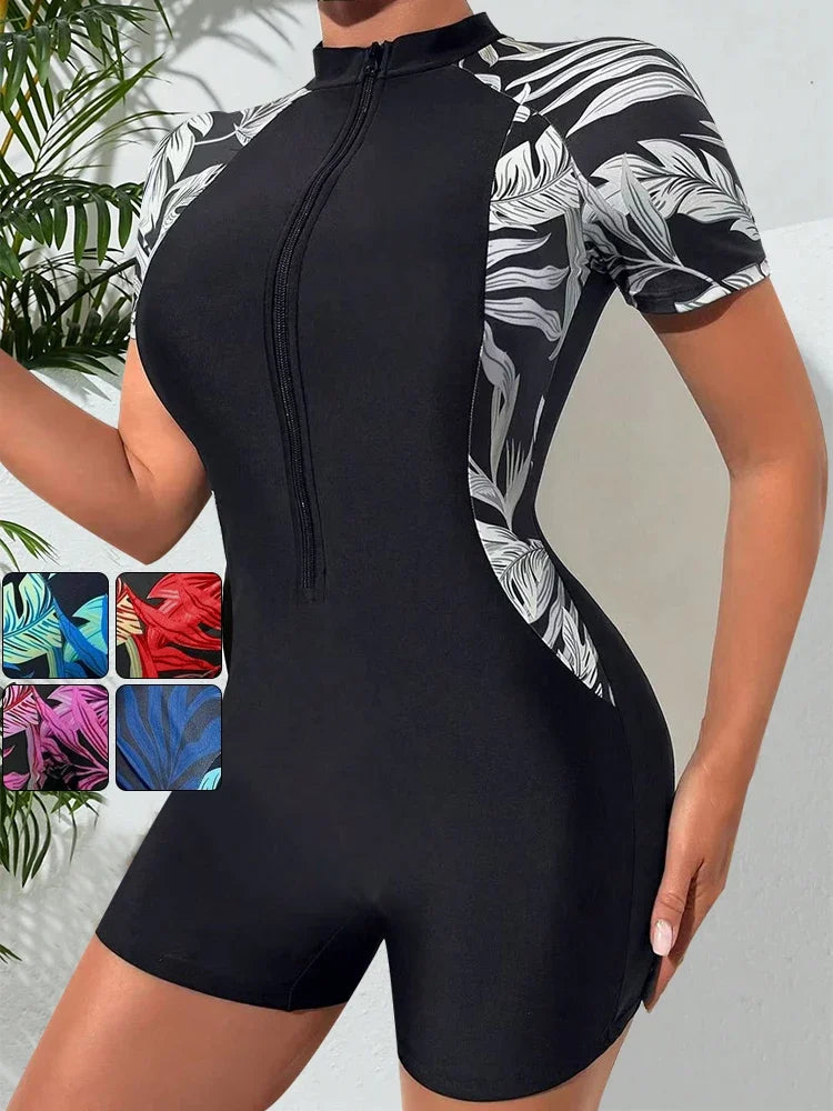 One Piece Floral SwimwearShort Sleeve Zip Front Tropical Plant Sun Protection,No built-in bra