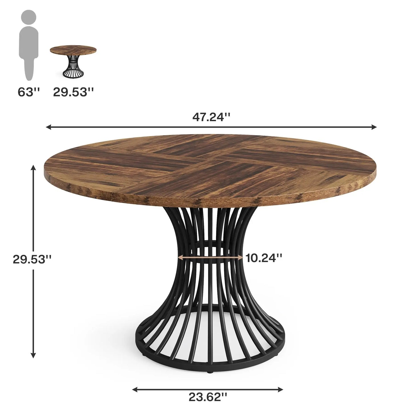 Round Indoor Dining Table for 4-6 People, 47-Inch Farmhouse Kitchen Table, Industrial Dinner Table