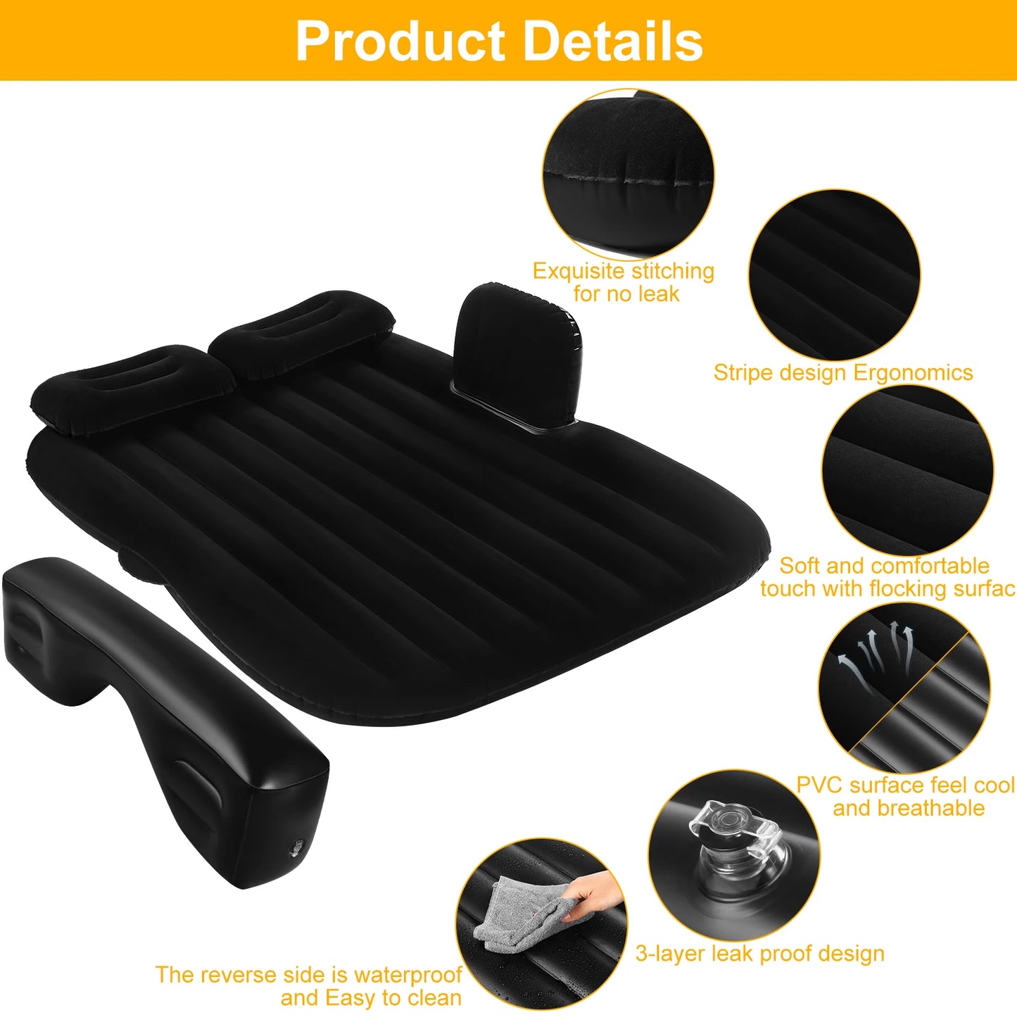 Car Air Mattress Portable Bed Back Seat Inflatable SUV Camping Mattress,Pump & 2 Pillows