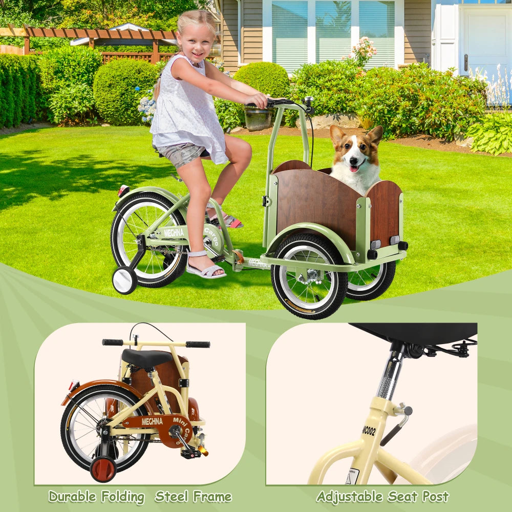 Foldable Tricycle for Kids Ages 6-12 Cargo Bike Pet Bike Reverse Tricycle Parent-Child Bike