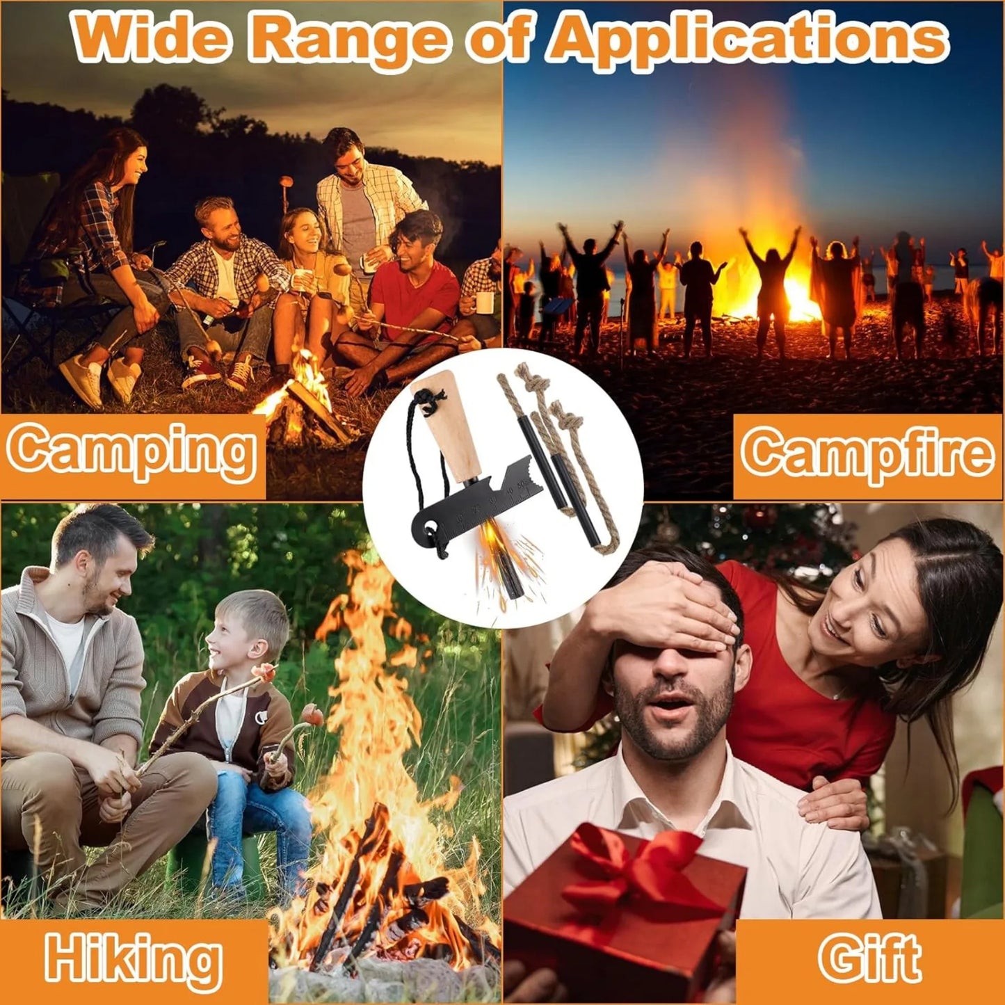 Fire Starter Survival Tool, Fire Starter Kit Includes Magnesium Rod, 2 Pcs Wick Hemp Rope, Bag