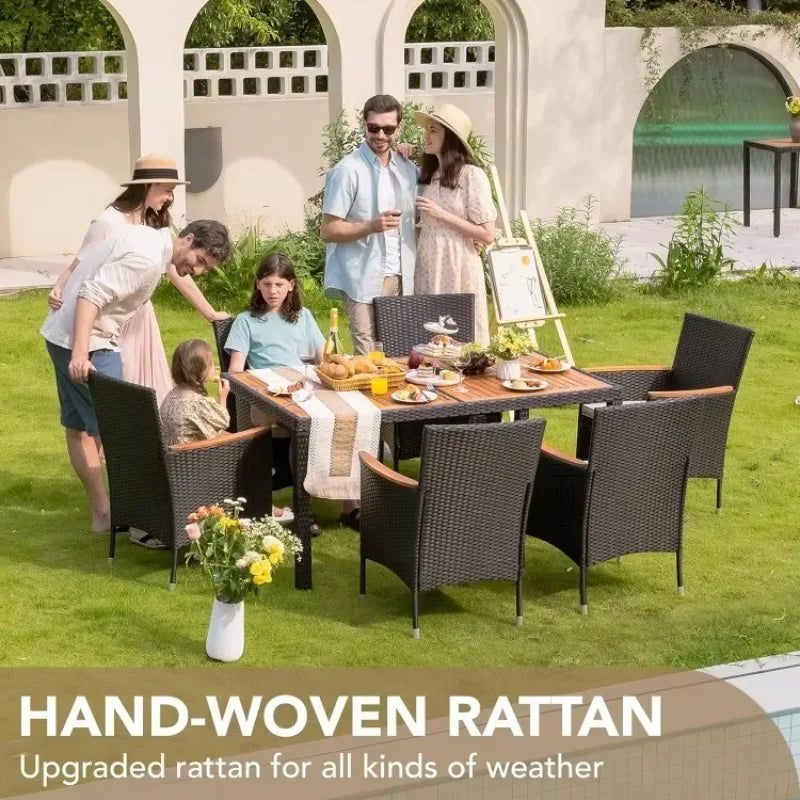 HOT-Dining 7 PCS Furniture, Patio Conversation Set, Acacia Wood Table Top, Rattan Outdoor, Black
