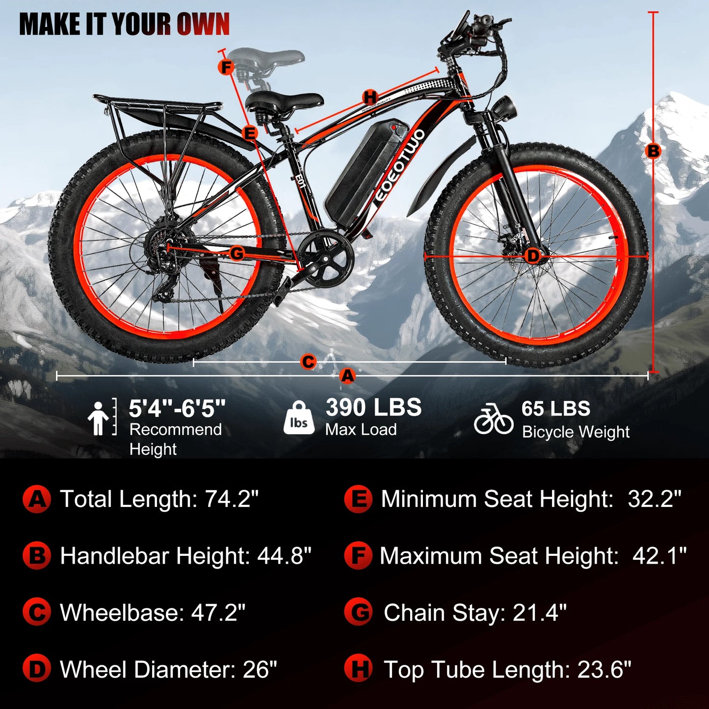 Elec.Bike Adults 1500W Peak Motor 34Mph Electric Bicycle 26" Fat Tire Mountain60Mile Range 48V 15AH