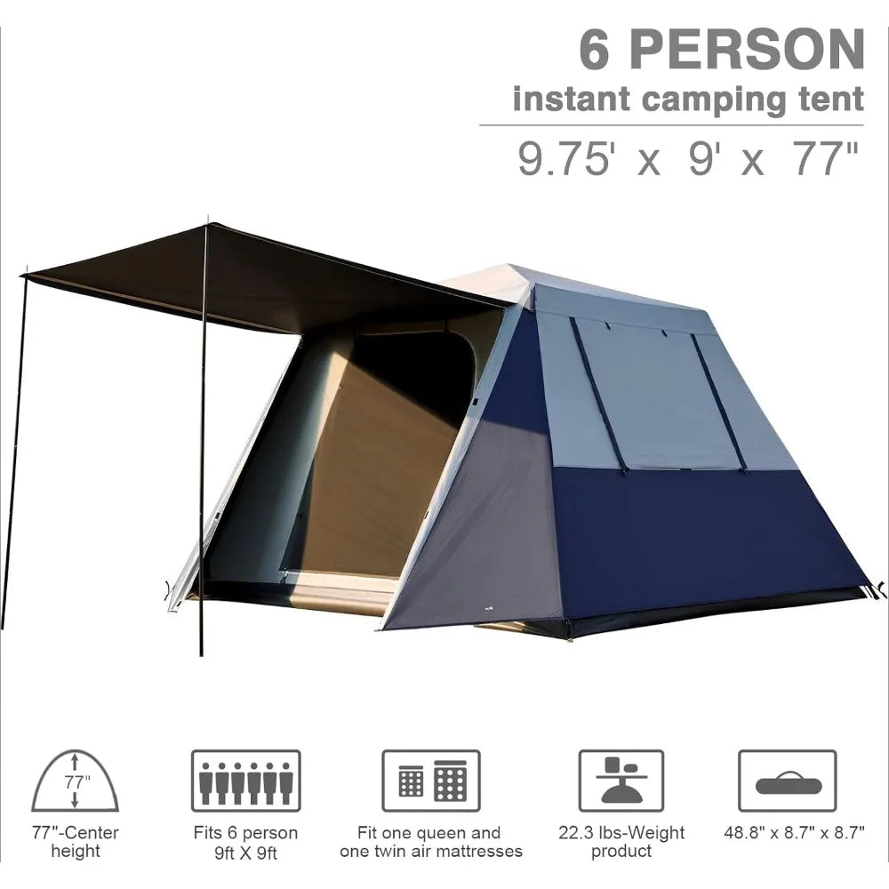 6 Person Camping Tent, Instant,with Vestibule, Large Mesh Windows, Double Layer, Water-Resistant