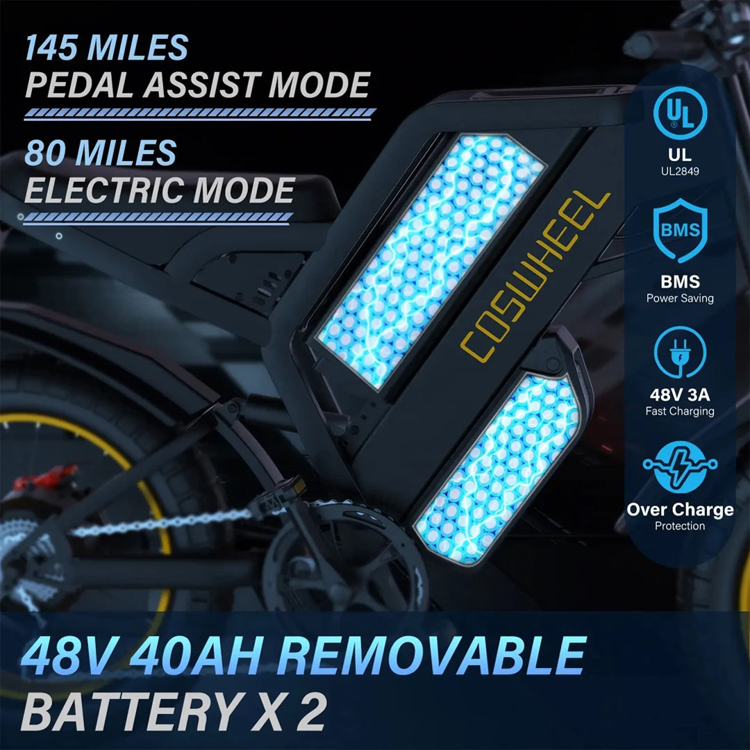Coswheel Electric bike, Adult 2000W 60V Off-Road Motorcycle Mountain 20Inch Fatbike tires