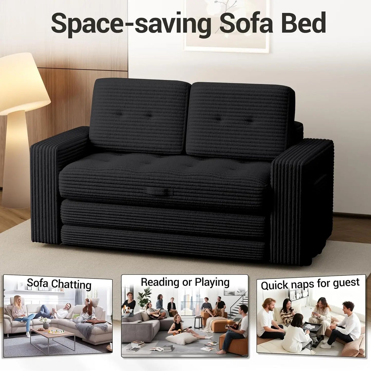 Indoor 3 Fold Convertible Sofa Bed, Black - Pull Out Boneless Couch, Loveseat Sleeper, Pillows