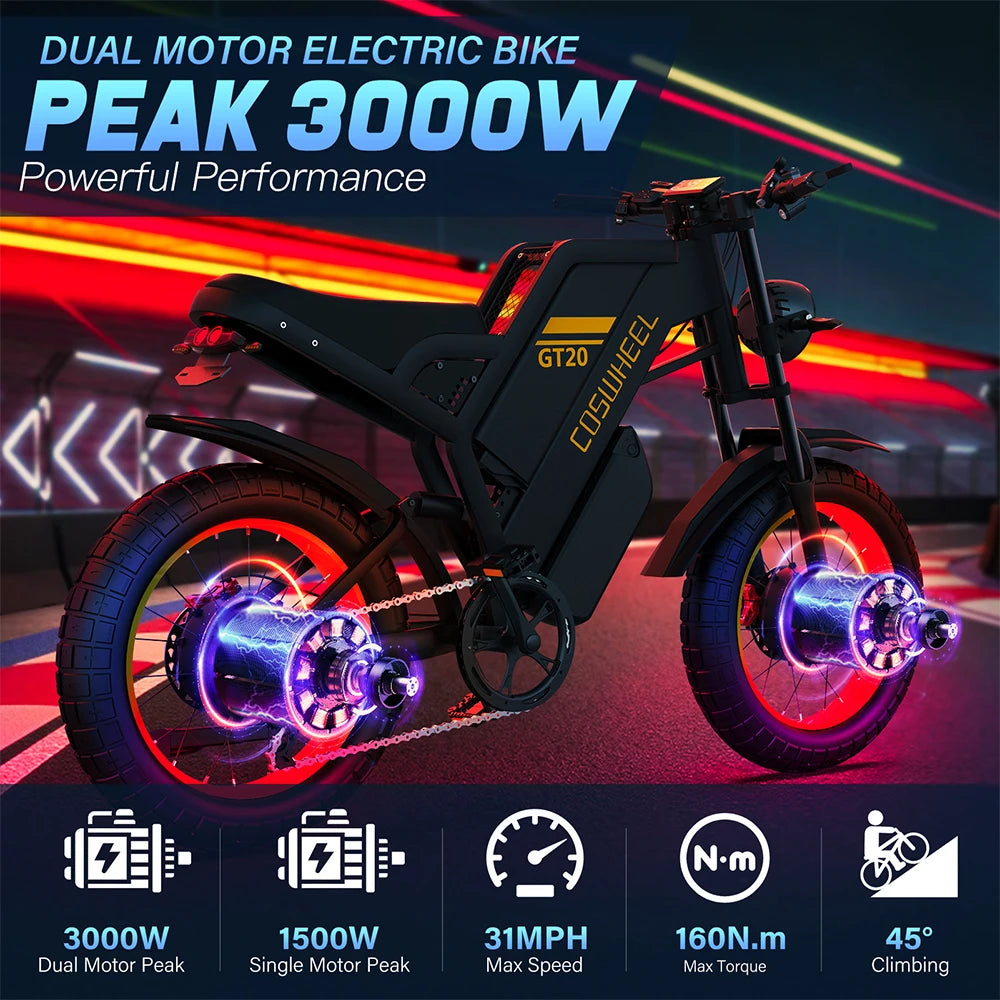 Coswheel Electric bike, Adult 2000W 60V Off-Road Motorcycle Mountain 20Inch Fatbike tires