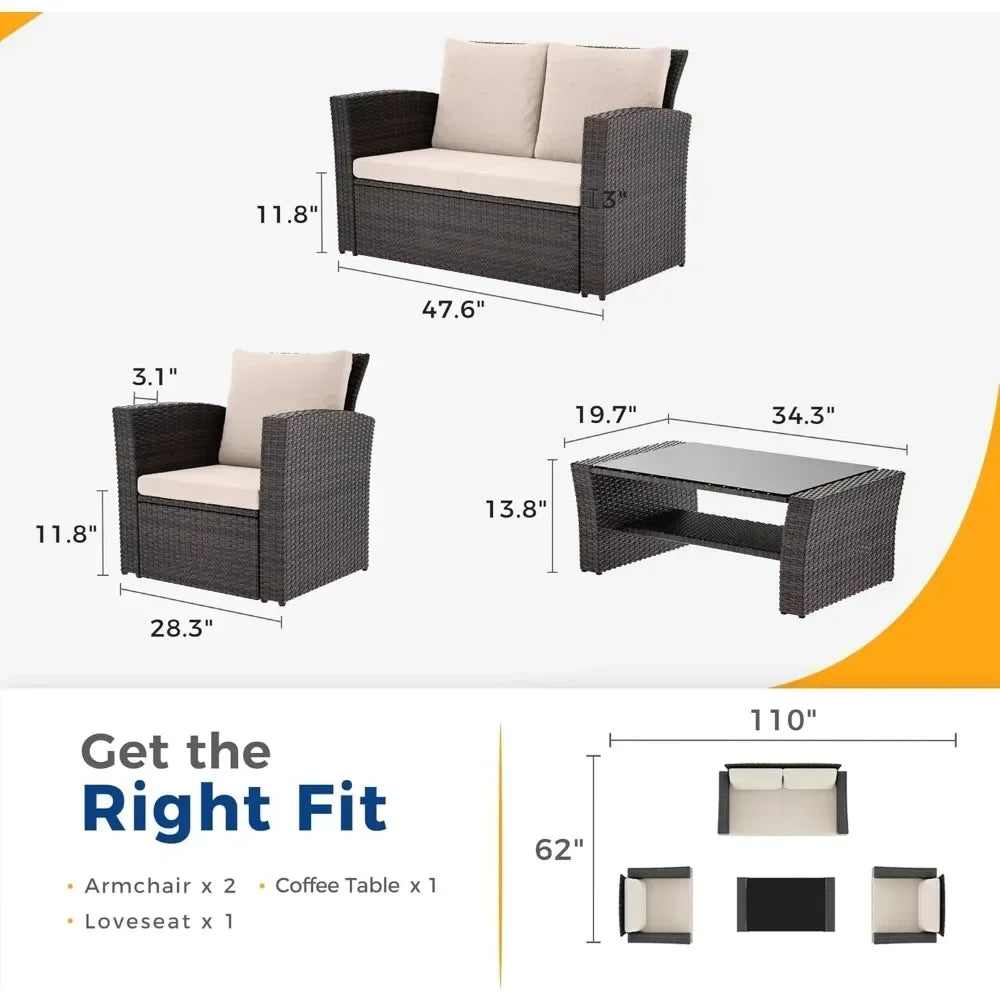 upgrade. 4 Piece Wicker Conversation Set for Porch Deck, Brown Rattan Sofa Chair with Cushion